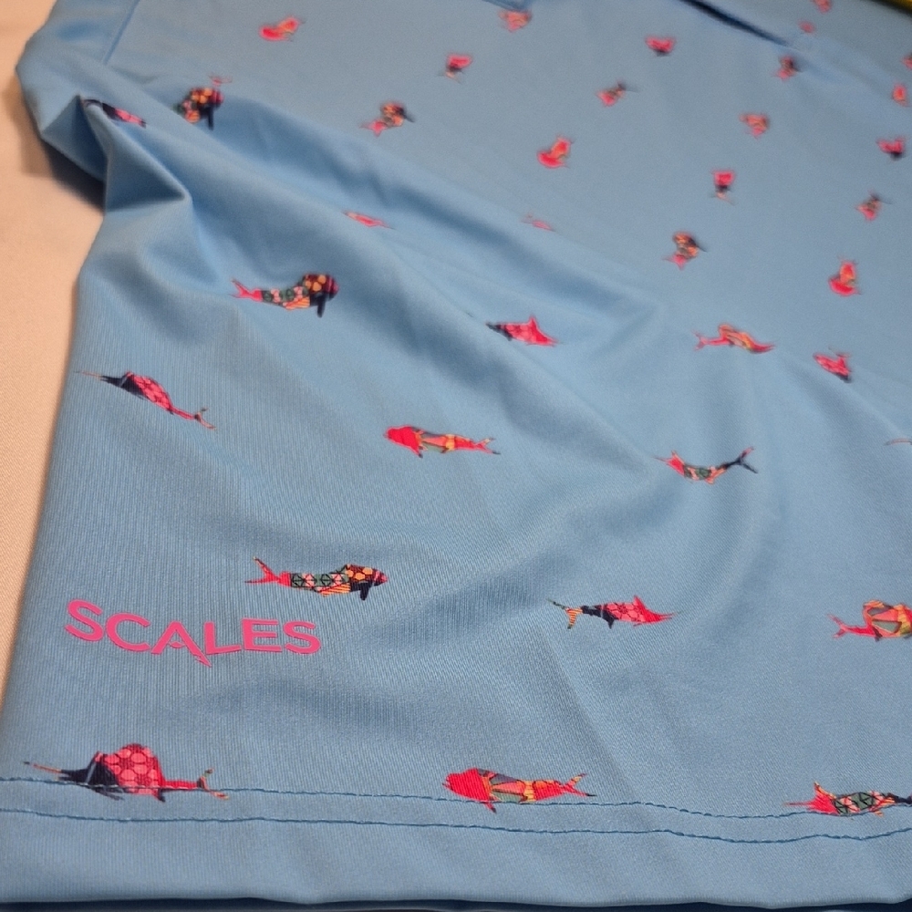 SCALES 3X Golf Polo Short Sleeve Shirt Blue and Pink Tropical Fish Pattern - Picture 9 of 16